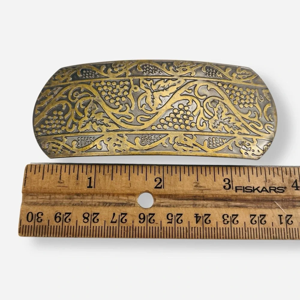 Vintage Barrette‎ Metal Clip Boho Hair Accessory Floral Embossed Gold Bronze DC